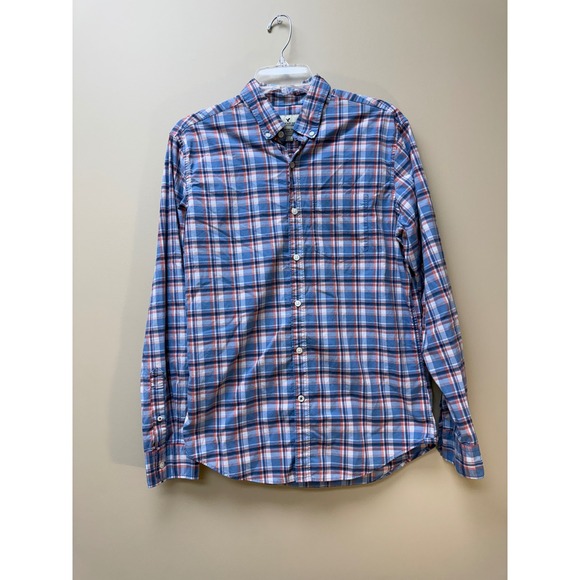 American Eagle Outfitters Mens Seriously Soft Plaid Button Down Shirt Blue Fit - Picture 1 of 3